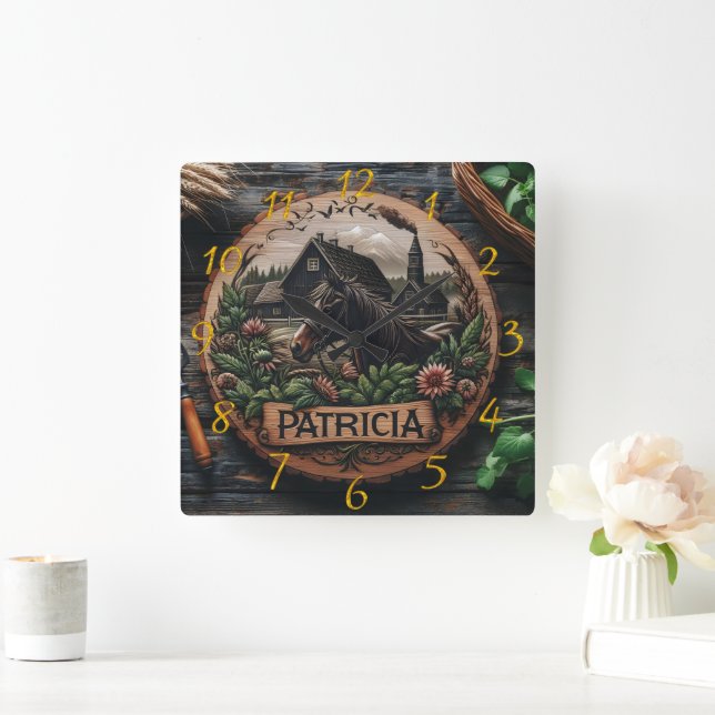 Wooden Carving of Horse Near Rustic Farmhouse Square Wall Clock (Home)