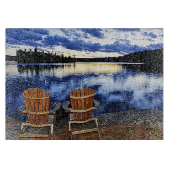 Wooden Chairs At Sunset On Lake Shore Cutting Board (Front)