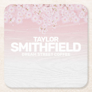 Wooden Cherry Blossom Rustic Square Paper Coaster
