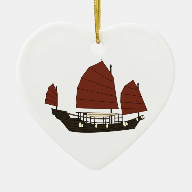 Wooden Chinese Junk Ship Ceramic Tree Decoration (Front)