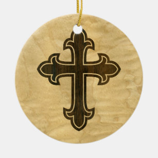 Wooden Christian Cross Fleury Rosewood on Maple Ceramic Tree Decoration