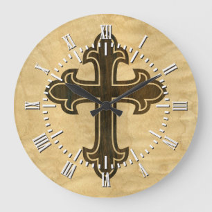 Wooden Christian Cross Fleury Rosewood on Maple Large Clock