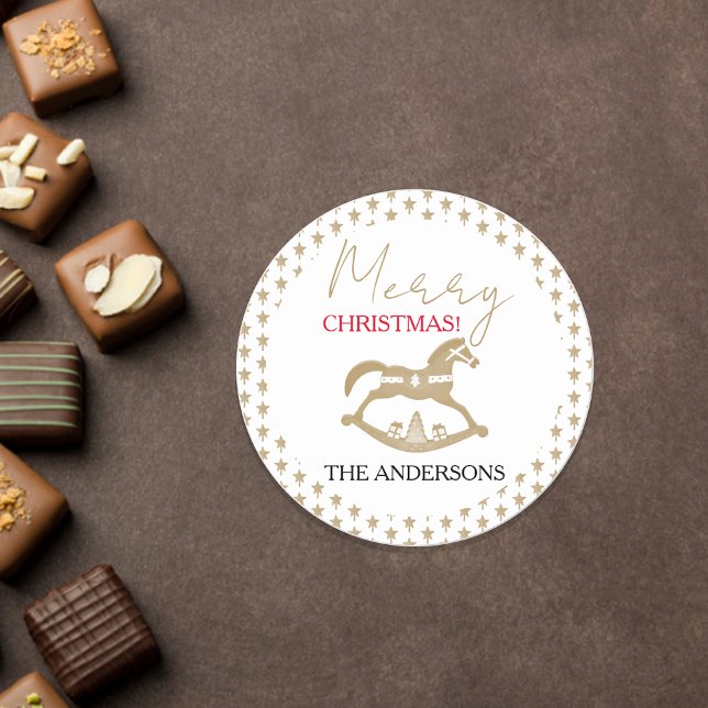 Wooden Christmas Rocking Horse Classic Round Sticker (Creator Uploaded)