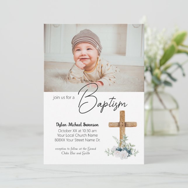 Wooden Cross and Custom Photo Baby Boy Baptism Invitation (Standing Front)