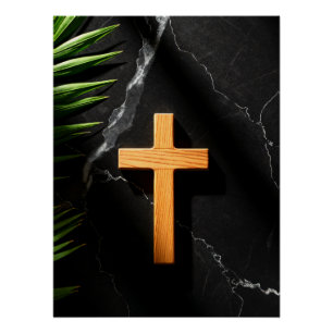 Wooden Cross on Black Marble – Faith and Reflectio Poster