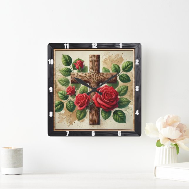 Wooden Cross Red Roses Square Wall Clock (Home)