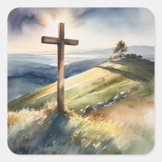 Wooden Cross Square Sticker