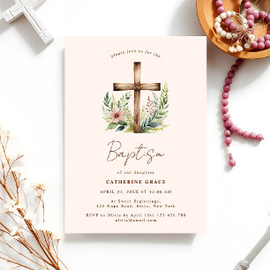 Wooden Cross Watercolor Floral   Baby Baptism Invitation