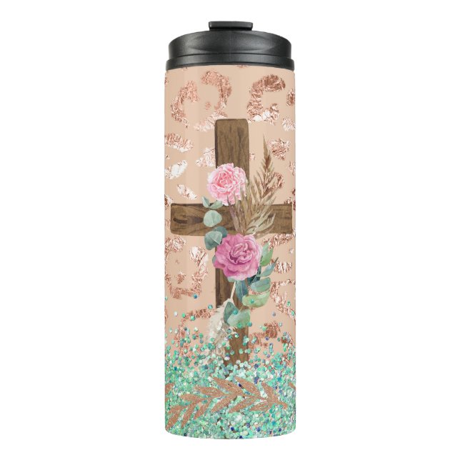 Wooden Cross With Floral Design on Leopard Print  Thermal Tumbler (Front)