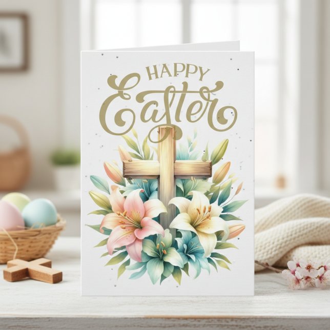 Wooden Cross With Lilies Custom Christian Easter Holiday Card (Wooden Cross With Lilies Custom Christian Easter Holiday Card)