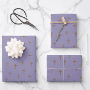 Wooden Crosses on Light Gray-Purple Wrapping Paper Sheet