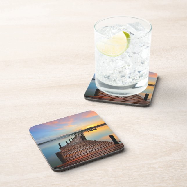 Wooden Dock Seascape in Colourful Sunset Coaster (Right Side)
