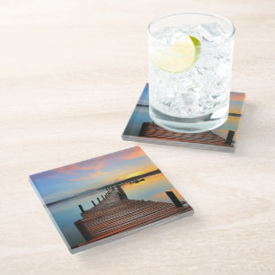 Wooden Dock Seascape in Colourful Sunset Glass Coaster