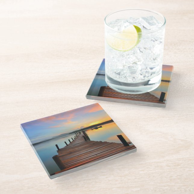 Wooden Dock Seascape in Colourful Sunset Glass Coaster (Angled)
