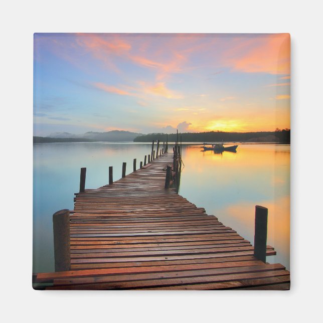 Wooden Dock Seascape in Colourful Sunset Magnet (Front)
