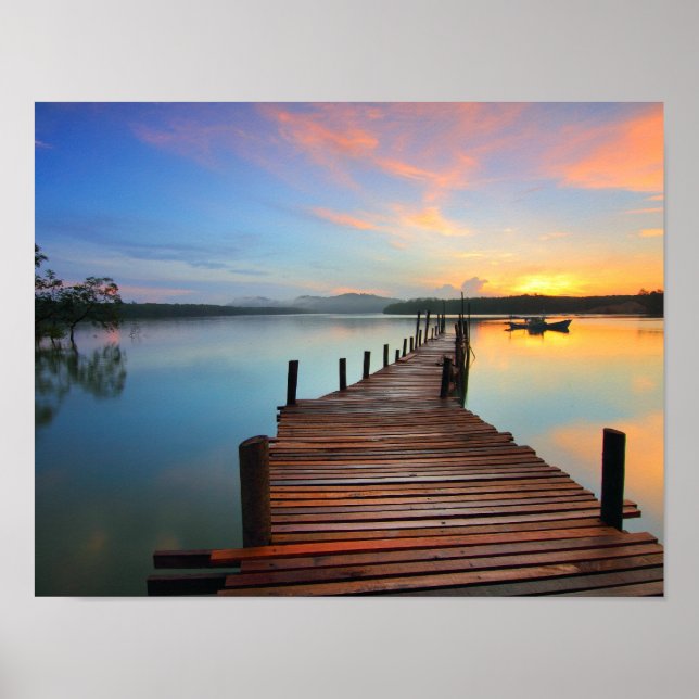 Wooden Dock Seascape in Colourful Sunset Poster (Front)