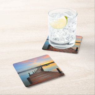 Wooden Dock Seascape in Colourful Sunset Square Paper Coaster