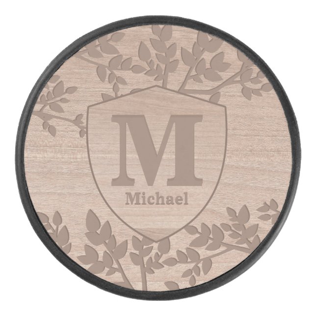 Wooden engraved leaves vintage name monogram hockey puck (Front)