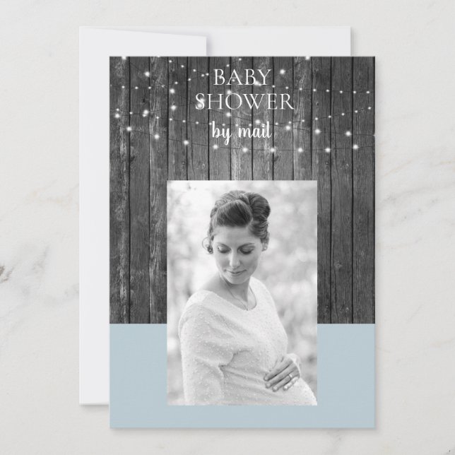 Wooden Fence Lights Baby Shower by Mail Photo Blue Invitation (Front)