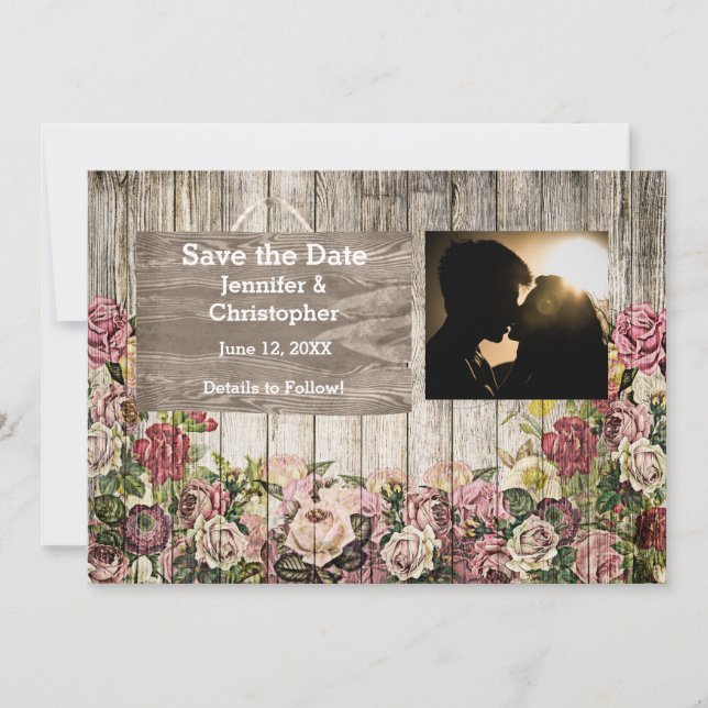 Wooden Fence with Painted Roses Couple Photo Save The Date (Front)