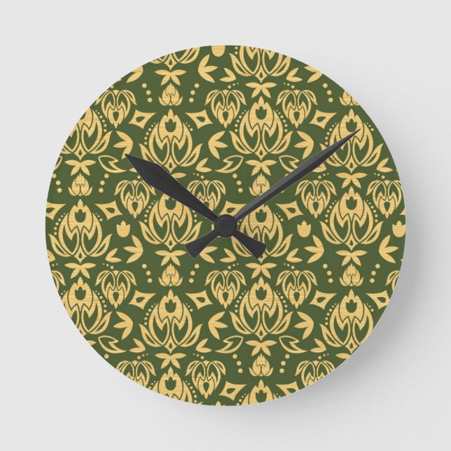 Wooden floral damask pattern background round clock (Front)