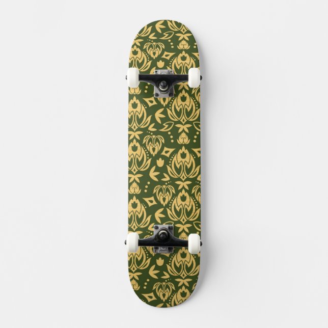 Wooden floral damask pattern background skateboard (Front)
