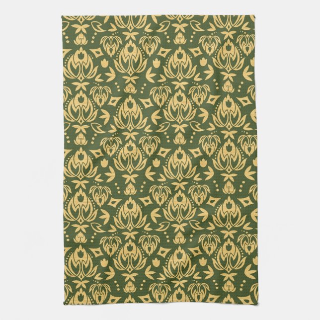 Wooden floral damask pattern background tea towel (Vertical)