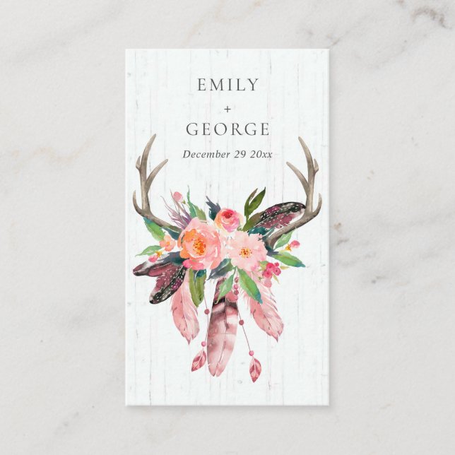 WOODEN FLORAL FEATHER ANTLER WEDDING GIFT REGISTRY BUSINESS CARD (Front)