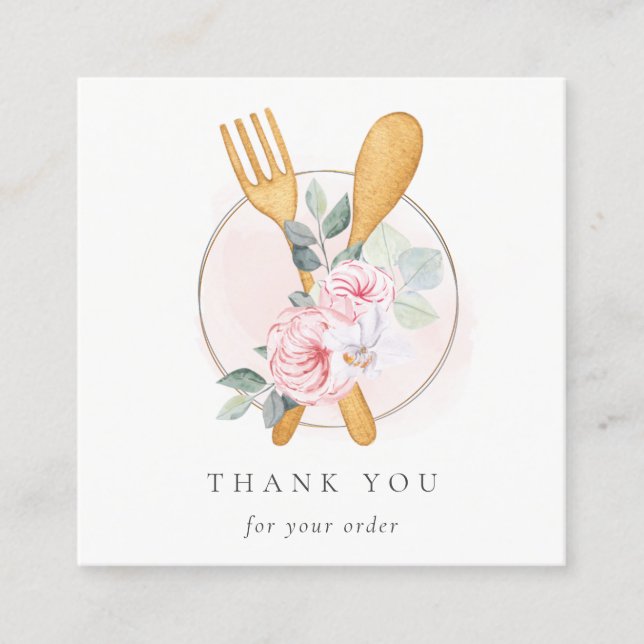 Wooden Fork Spoon Blush Floral Chef Thank You Square Business Card (Front)