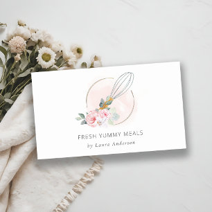 Wooden Fork Spoon Blush Pink Floral Chef Logo Business Card