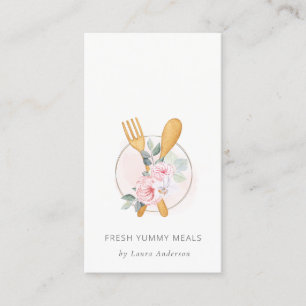 Wooden Fork Spoon Blush Pink Floral Chef Logo Business Card