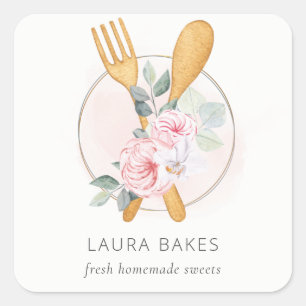 Wooden Fork Spoon Blush Pink Floral Chef Logo Square Sticker