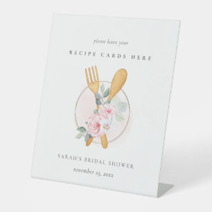 Wooden Fork Spoon Floral Recipe Card Bridal Shower Pedestal Sign