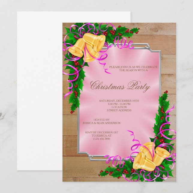 Wooden Framed Corner Bells Christmas Invitation (Front/Back)