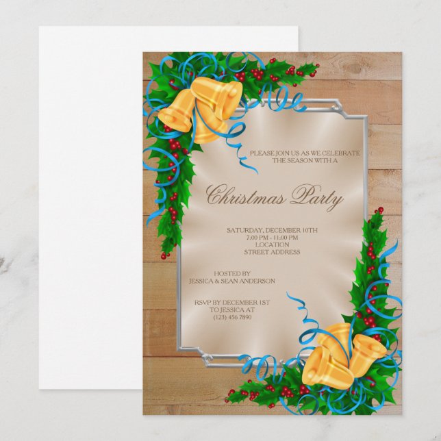 Wooden Framed Corner Bells & Ribbon  Christmas Invitation (Front/Back)
