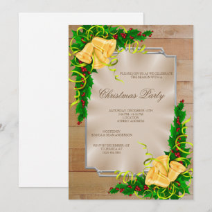 Wooden Framed Corner Bells & Ribbon Christmas Invitation