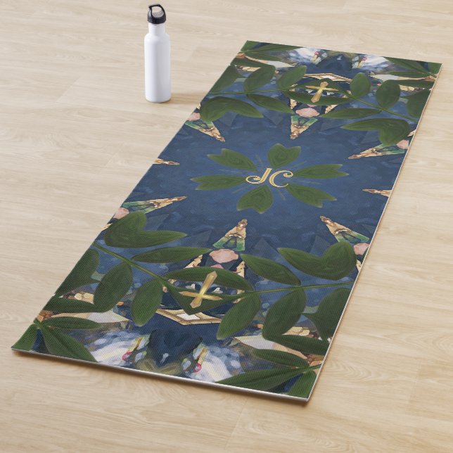Wooden Gold Holy Cross, Green Botanical Blue Sky Yoga Mat (In Situ)
