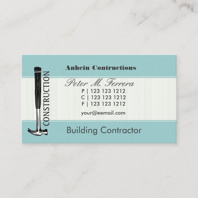 Wooden Hammer Handy  Men's  Carpenter Tool Blue Business Card (Front)