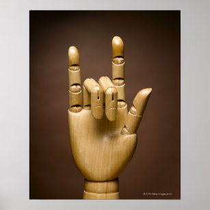 Wooden hand index and small finger extended, poster