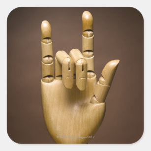Wooden hand index and small finger extended, square sticker