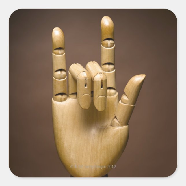 Wooden hand index and small finger extended, square sticker (Front)