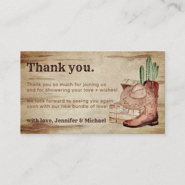 Wooden Hat Shoes Cactus Thank You Baby Cowboy Enclosure Card (Front)