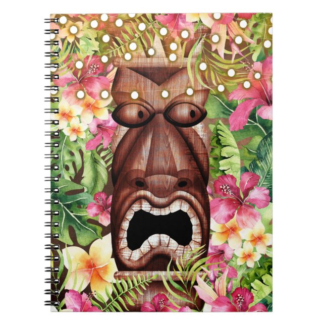 Wooden Hawaiian Tiki Luau Island Summer Floral Notebook (Front)