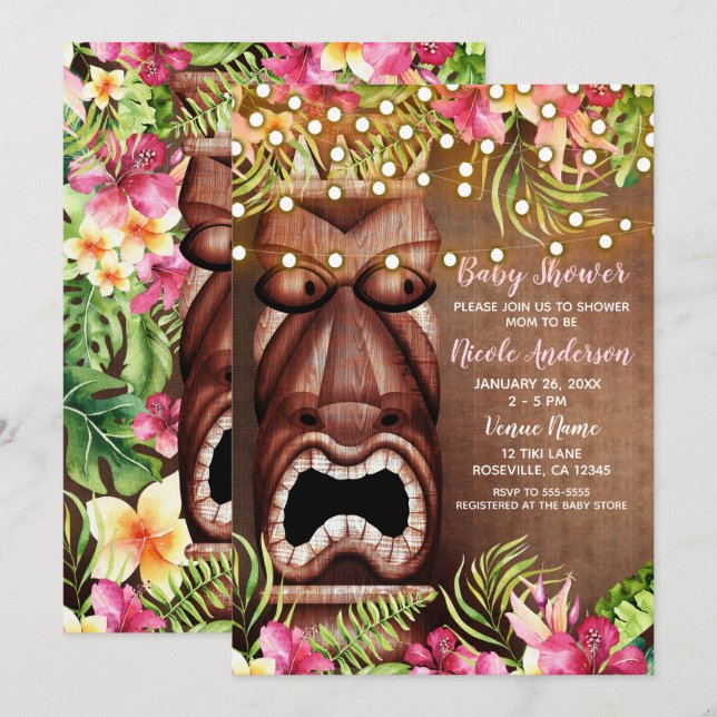 Wooden Hawaiian Tiki Luau Summer Baby Shower Invitation (Front/Back)