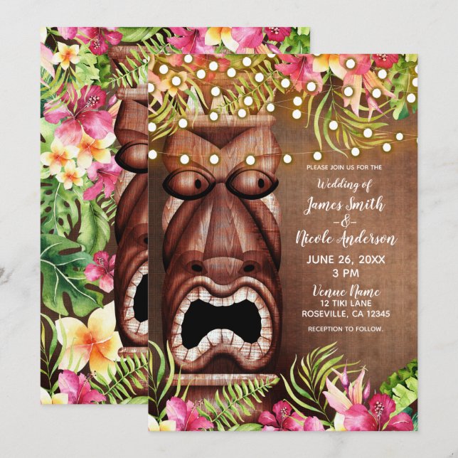 Wooden Hawaiian Tiki Luau Summer Beach Wedding Invitation (Front/Back)