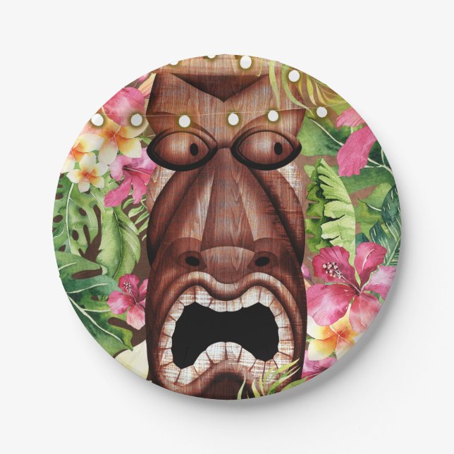 Wooden Hawaiian Tiki Luau Summer Birthday Party Paper Plate (Front)