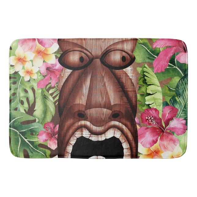 Wooden Hawaiian Tiki Luau Summer Tropical Bath Mat (Front)