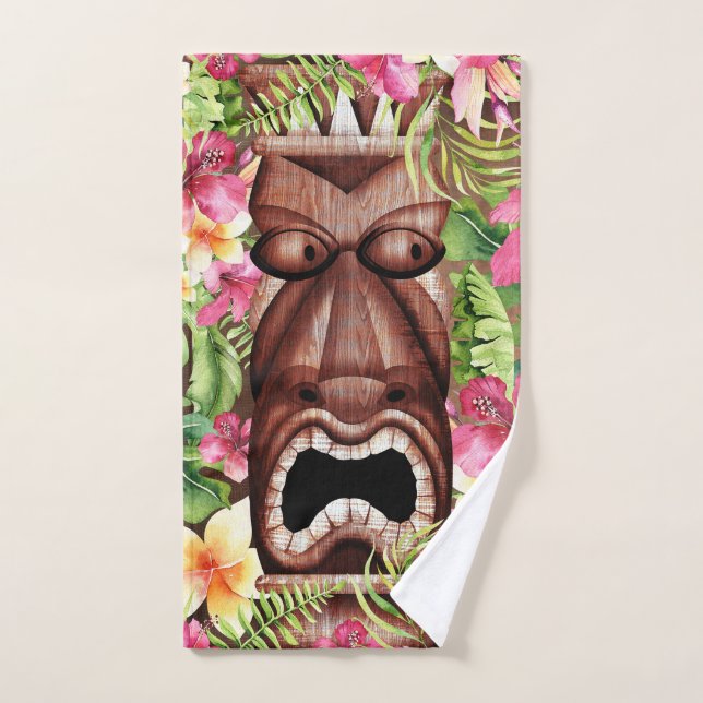 Wooden Hawaiian Tiki Luau Summer Tropical Bath Towel Set (Hand Towel)
