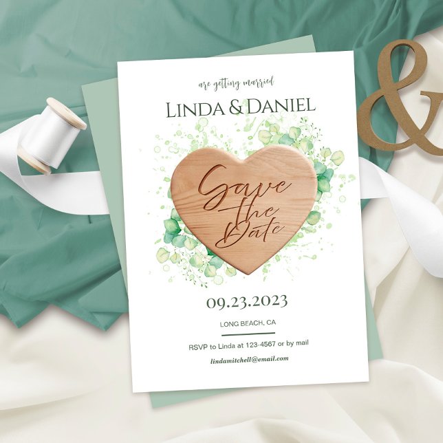 Wooden Heart Watercolor Eucalyptus Rustic Wedding Save The Date (Creator Uploaded)