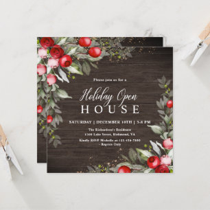 Wooden Holly Berry Holiday Open House   Invitation